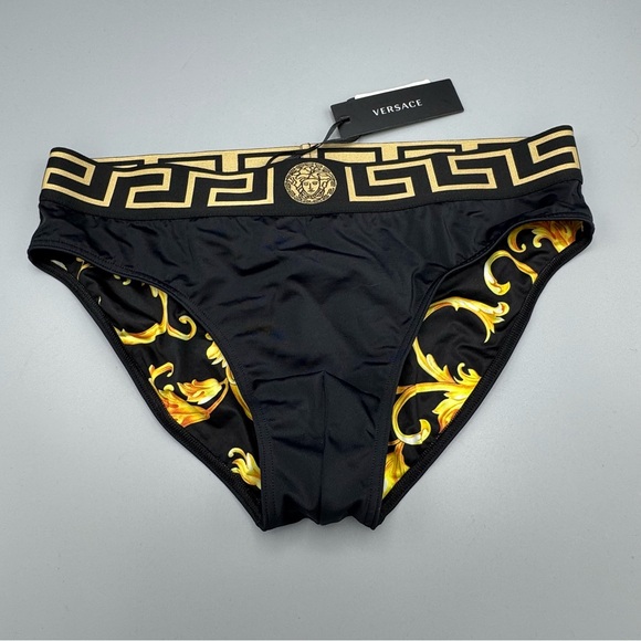 Men's Versace Greek Key Black & Gold Swim Briefs/Trunks NWT Size 5 Includes Bag - Picture 2 of 12
